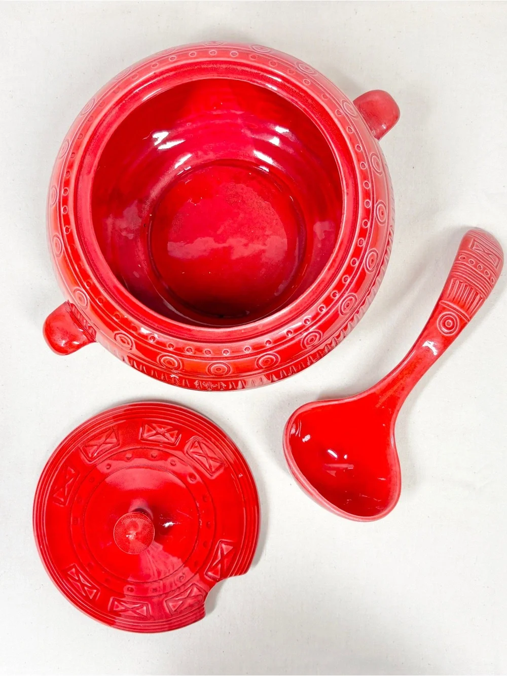 Vintage California Pottery Soup Ceramic Tureen with Ladle B655 Red Orange